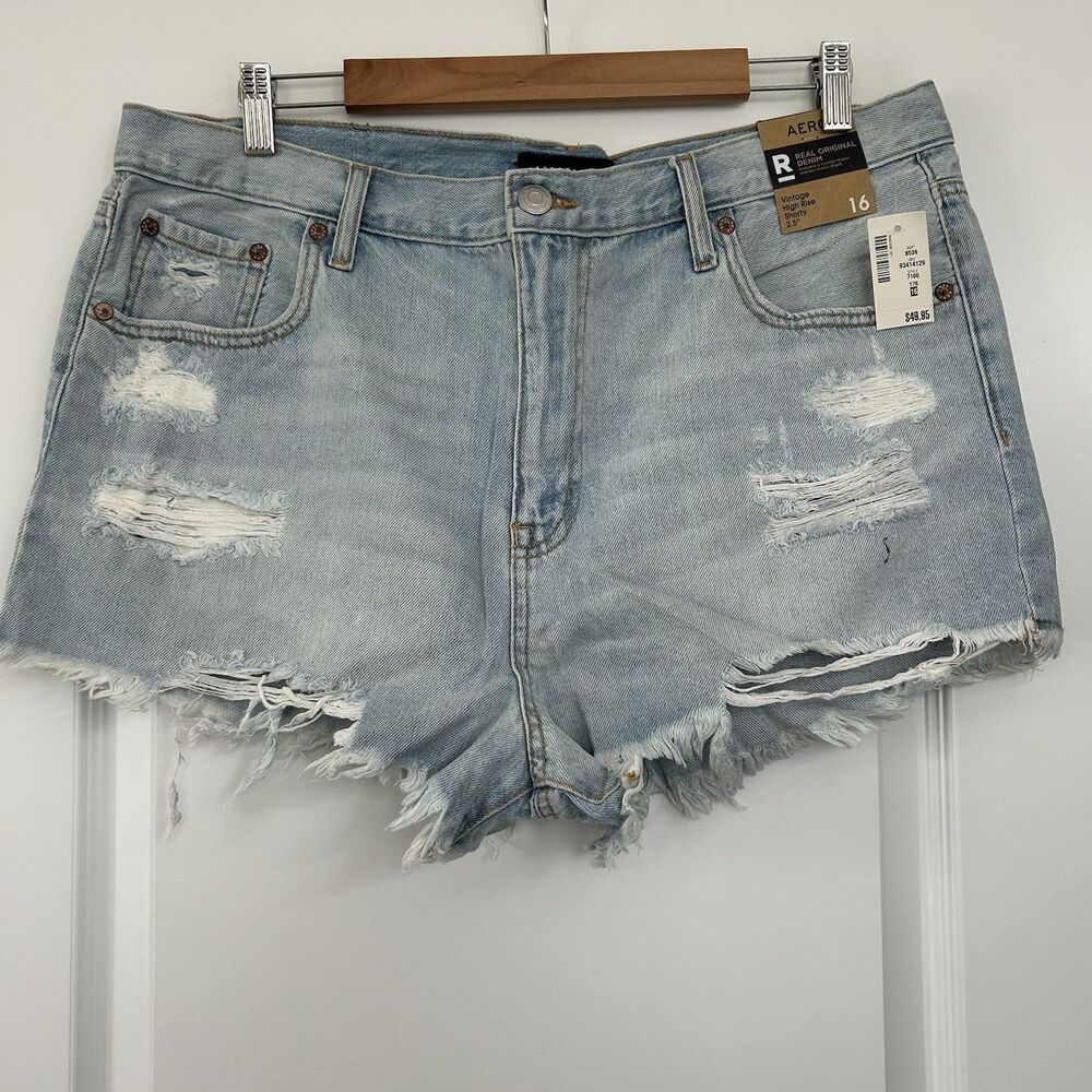 Aeropostale Sz 16 Vintage High Rise Shorty Distressed Blue Denim Jean Shorts NWT